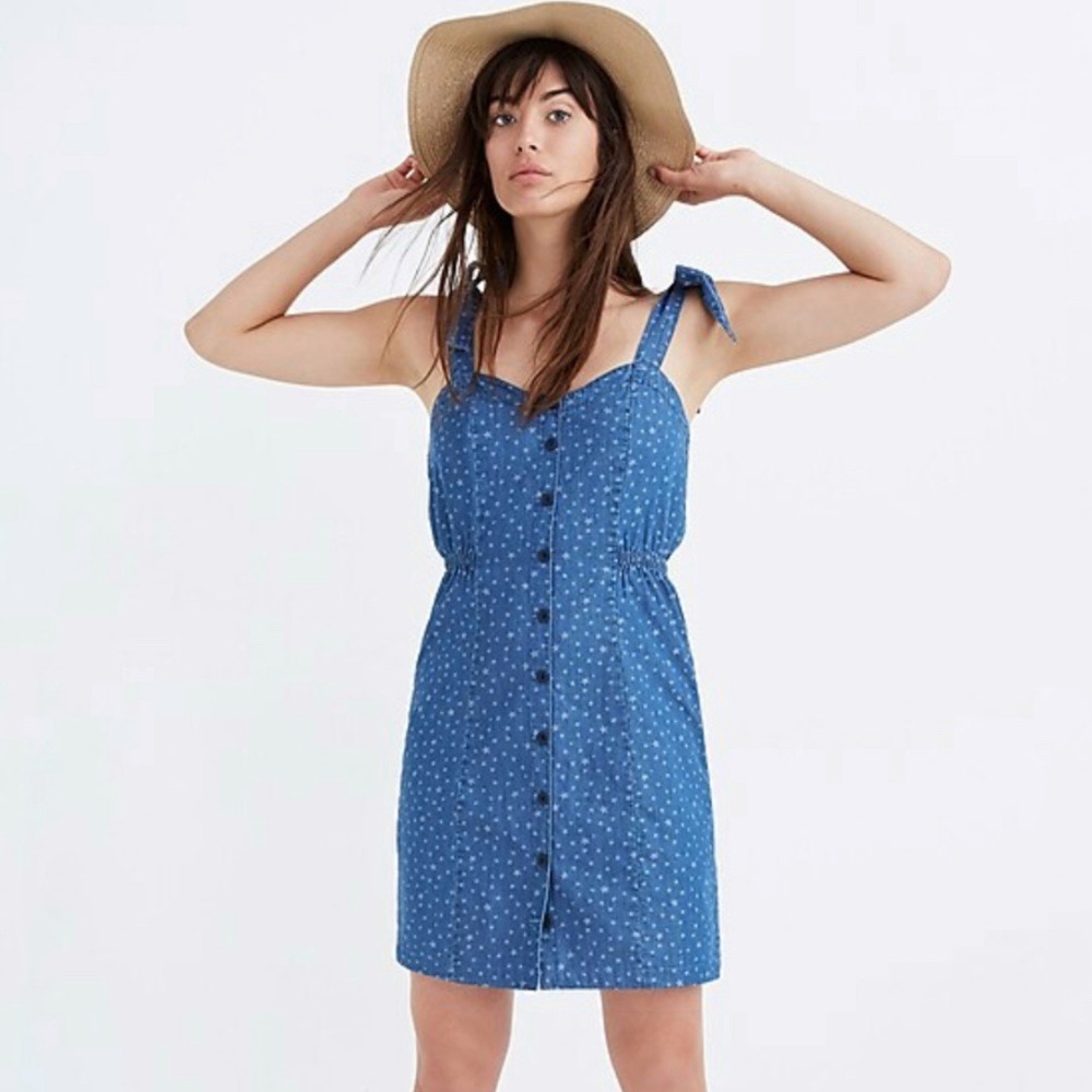 Madewell Blue Denim Tie-Strap Button-Front Sundress Star Jacquard dress size 4